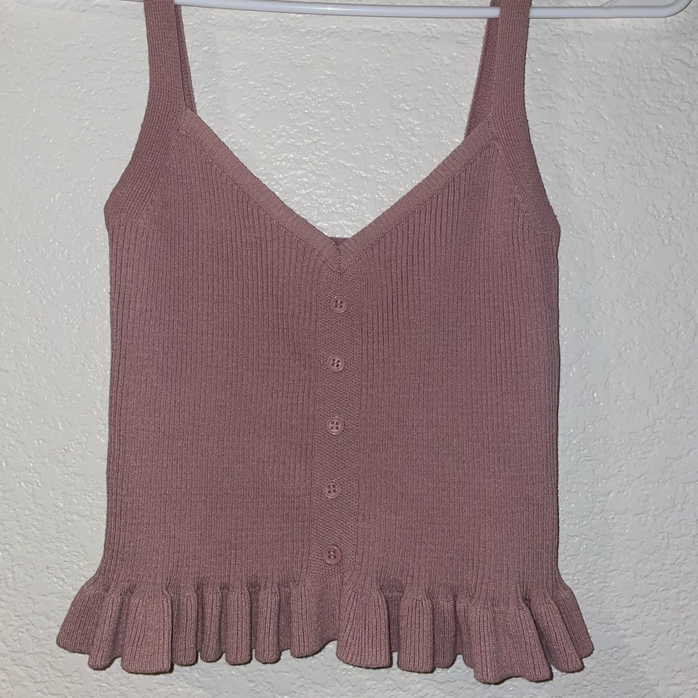 Pink ruffle trim tank top